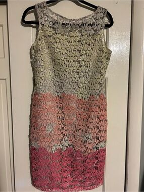 Kay Unger Ombre Floral Lace Midi Dress in Cream, Peach & Pink
